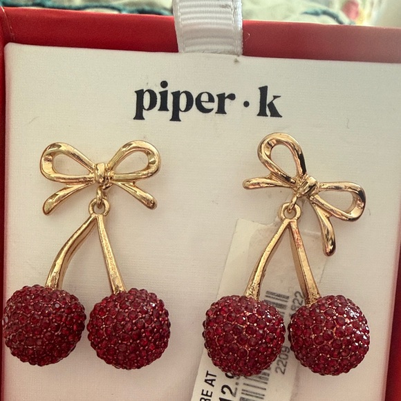 Piper K Red Cherry and gold bow Drop Earrings - Picture 7 of 8